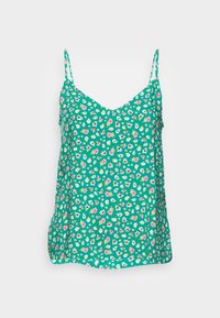 Camisola floral verde com alças finas, apresentando um decote em V e pequenas flores multicoloridas sobre um fundo sólido. Tecido suave, ajustamento descontraído.