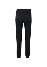 Schwarze Hose mit taillierter Form, elastischem Bund und umschlagenen Knöcheln, aus einem glatten Material mit matter Oberfläche.