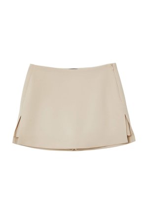 Beige Minirock aus glattem Stoff, mit zwei seitlichen Schlitzen und einem dezenten Reißverschluss hinten, im klaren, minimalistischen Design.