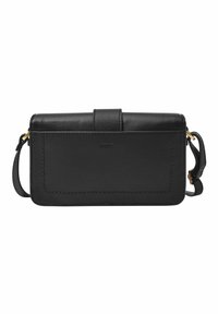 Svart läder crossbody-väska med texturerad yta, frontklaffsstängning och avtagbar rem. Guldhardware-accenter.