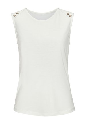 Weißes ärmelloses Oberteil aus leichtem Baumwollmix, mit Rundhalsausschnitt und zwei dekorativen Knöpfen an jeder Schulter. Glatte Textur.