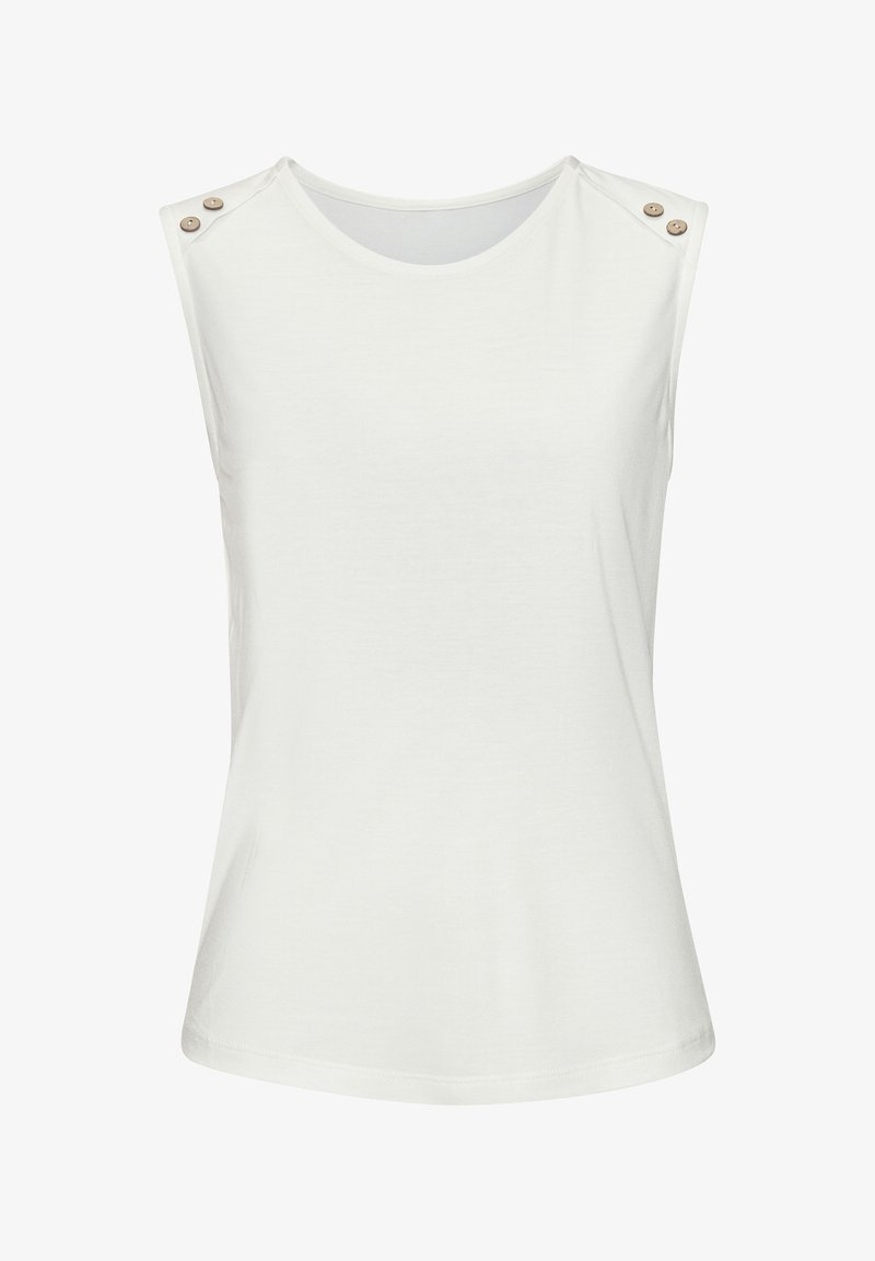 Weißes ärmelloses Oberteil aus leichtem Baumwollmix, mit Rundhalsausschnitt und zwei dekorativen Knöpfen an jeder Schulter. Glatte Textur.