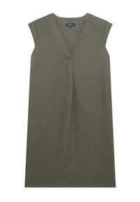 Oliwkowa lniana sukienka z dekoltem w szpic, krótkimi rękawami i prostym krojem. Posiada boczne kieszenie i fakturowane wykończenie.