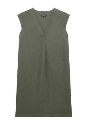 Olijfgroene linnen jurk met een V-hals, korte mouwen en een rechte silhouet. Bevat zijzakken en een gestructureerde afwerking.