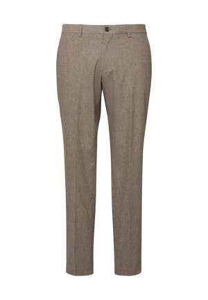 Pantaloni slim fit beige da uomo con un sottile motivo a quadretti, chiusura frontale con bottoni, passanti per cintura e gambe dritte.