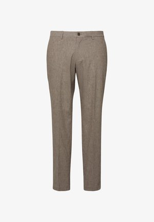 Beige slim-fit men's trousers with a subtle checkered pattern, front button closure, belt loops, and straight legs.