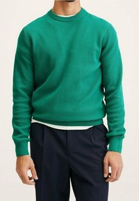 Mann in einem grünen, gerippten Pullover über einem weißen Hemd mit marineblauen, gefalteten Hosen, der vor einem einfarbigen Hintergrund steht.