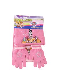 Roze gebreide muts en handschoenen set met een eenhoornontwerp, bloemenaccenten en sterpatronen op de handschoenen. Zachte textuur, speels ontwerp.