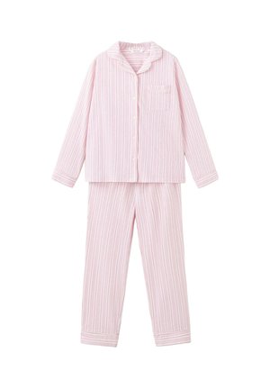 Ensemble de pyjama rayé rose clair à manches longues avec un haut boutonné comportant un col et une poche poitrine, associé à un pantalon droit assorti.