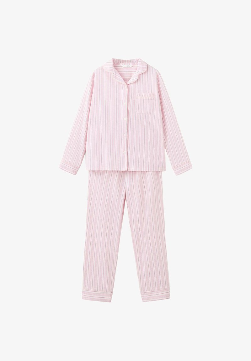 Ensemble de pyjama rayé rose clair à manches longues avec un haut boutonné comportant un col et une poche poitrine, associé à un pantalon droit assorti.