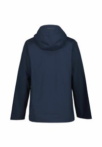 Marinevandtæt jakke med hætte, med lange ærmer, en glat tekstur og ingen synlige hardware eller udsmykninger på ryggen.