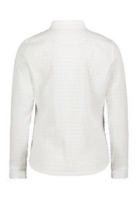 White long-sleeve shirt made from textured fabric with a subtle crinkle pattern. Features a collar and buttoned cuffs. Back view.