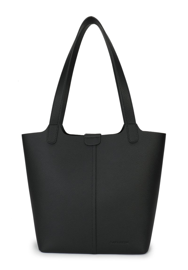Black tote bag made of textured synthetic material, featuring two shoulder straps, a snap closure, and a minimal, unadorned design.