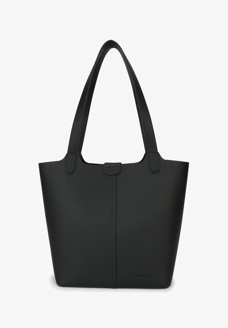 Czarna torba na ramię wykonana z teksturowanego materiału syntetycznego, z dwoma uchwytami na ramię, zapięciem na zatrzask i minimalistycznym, nieozdobionym wzornictwem.