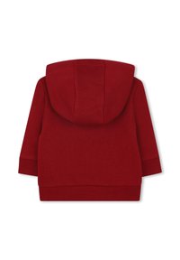 Felpa rossa in cotone con tasca a marsupio, maniche lunghe e una consistenza morbida. Presenta un cappuccio arrotondato e polsini e orlo a coste.