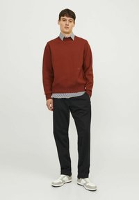 Maglione a maglia marrone sopra una camicia a righe blu e bianche. I pantaloni neri e le sneakers grigie con dettagli bianchi completano l'outfit.