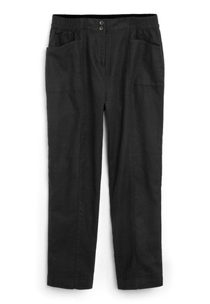Pantalon décontracté noir avec taille élastique, deux boutons, poches avant et jambes droites, présenté sur fond blanc.