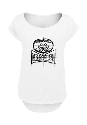 White women's scoop neck t-shirt with a black sketch-style Pringles logo featuring a mustached face above the brand name.