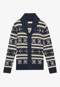 Marineblaue Strickjacke mit einem Schalkragen, die ein Muster aus Pfeilen und horizontalen Streifen in Creme und Grau aufweist, mit schwarzen Knöpfen.