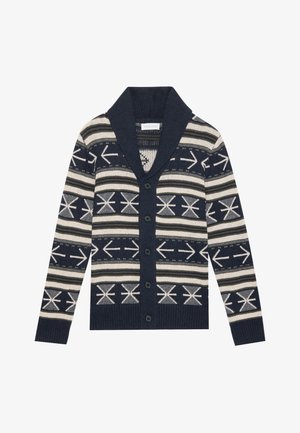 Marineblaue Strickjacke mit einem Schalkragen, die ein Muster aus Pfeilen und horizontalen Streifen in Creme und Grau aufweist, mit schwarzen Knöpfen.