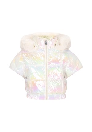 Pikowana, perłowa kurtka puchowa z krótkimi rękawami, kapturem podszytym futrem i zamkiem błyskawicznym z przodu. Charakteryzuje się pikowanym wzorem i elastycznym pasem w talii.