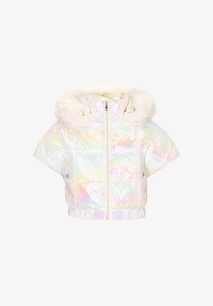 Irideszkáló puffertípusú kabát rövid ujjakkal, szőrmebéléses kapucnival és elöl cipzárral. Varrt mintázattal és rugalmas derékrésszel rendelkezik.