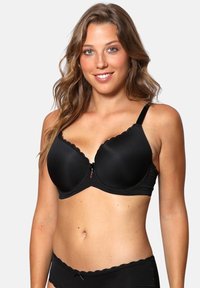 Black bra with padded, molded cups and a scalloped lace trim. Features adjustable straps and a front zipper closure.