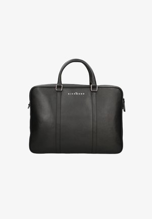 Zwarte leren laptoptas met dubbele handgrepen, rechthoekige vorm, logo aan de voorkant en subtiele verticale stiksels. Ritssluiting.