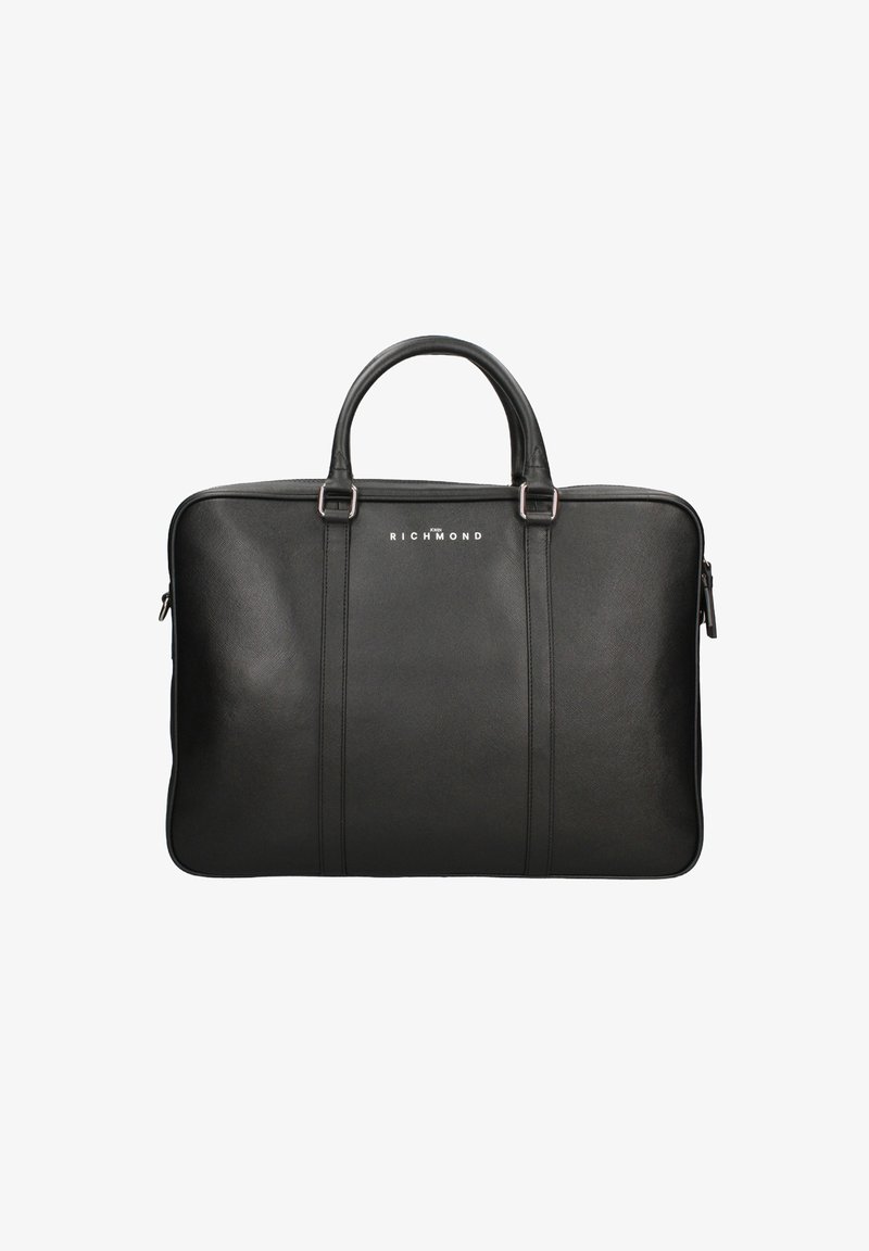 Zwarte leren laptoptas met dubbele handgrepen, rechthoekige vorm, logo aan de voorkant en subtiele verticale stiksels. Ritssluiting.