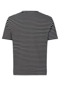 Schwarz-weiß gestreiftes T-Shirt mit kurzen Ärmeln, Rundhalsausschnitt und einer weichen Stoffstruktur. Einfarbiger Rücken mit gleichmäßig verteilten Streifen.