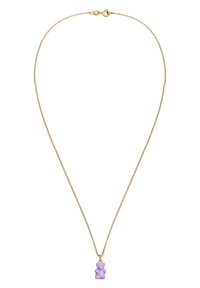 Goldkette mit einem lila Gummibärchen-Anhänger; die Kette ist dünn mit runden Gliedern und einem Karabinerverschluss. Der Anhänger hat eine strukturierte Oberfläche.
