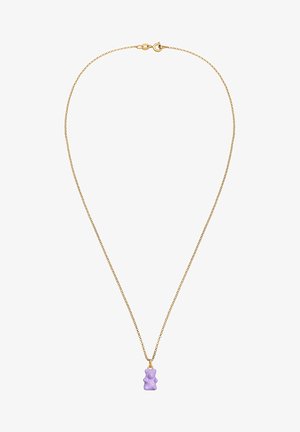 Kultaketju, jossa on violetti karamellinalla-riipus; ketju on ohut pyöreistä lenkeistä ja varustettu hummerilukolla. Riipus on teksturoitu.