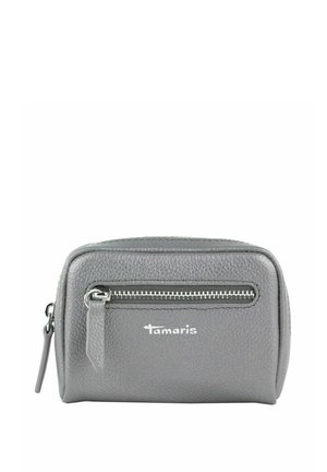 Small gray textured leather pouch with front zipper pocket and main zipper closure, branded "Tamaris" on front.