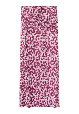 Vestido tubo con busto fruncido en estampado floral tie-dye en rosa y blanco, de longitud hasta la rodilla, sin mangas, silueta ajustada.