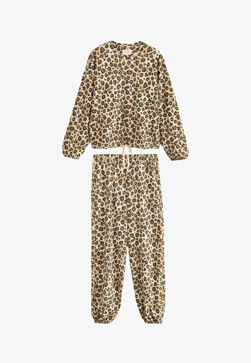 Leopard print atsilaisvinimo kostiumas, kuriame yra ilgomis rankovėmis viršus su apvaliu iškirpimu ir kelnes su elastine juosta. Pagaminta iš minkštos medžiagos su susiraukšlėmis rankogaliais.