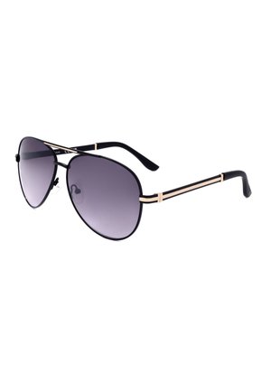 Occhiali da sole aviator neri e dorati con lenti scure e montatura metallica sottile.