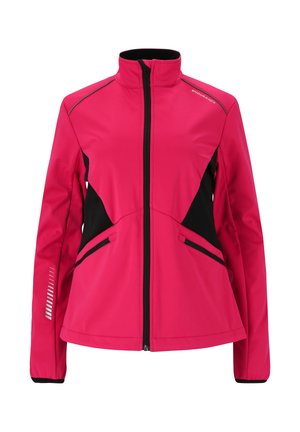 Fuksia pehmeäkuorinen takki mustilla yksityiskohdilla, jossa on korkea kaulus, vetskarisuljenta edessä ja kaksi sivutaskua. Kevyt, sileä pinta.