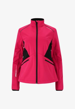 Fuchsia softshell jakke med sorte detaljer, der har en høj krave, lynlås foran og to sidelommer. Letvægts, glat tekstur.
