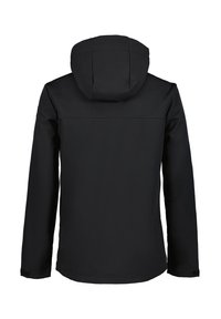 Veste noire imperméable avec capuche, conçue avec un extérieur épuré et une texture lisse. Présente une coupe droite et aucun élément de quincaillerie visible.