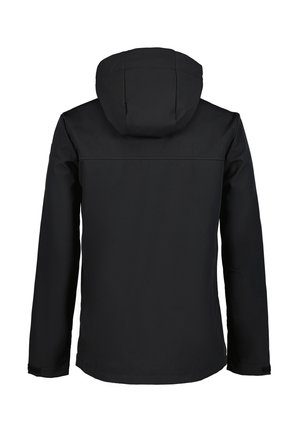 Černá nepromokavá bunda s kapucí, navržená s elegantním vnějším vzhledem a hladkým povrchem. Má rovný střih a žádné viditelné kovové prvky.