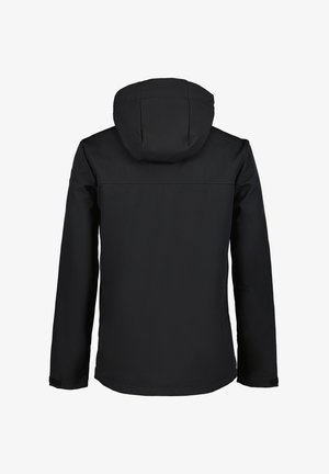 Černá nepromokavá bunda s kapucí, navržená s elegantním vnějším vzhledem a hladkým povrchem. Má rovný střih a žádné viditelné kovové prvky.