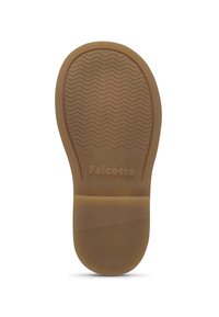 Semelle de chaussure en caoutchouc marron avec une texture ondulée, arborant un logo portant l'inscription "Falcotto" et une taille "19" en relief au fond.