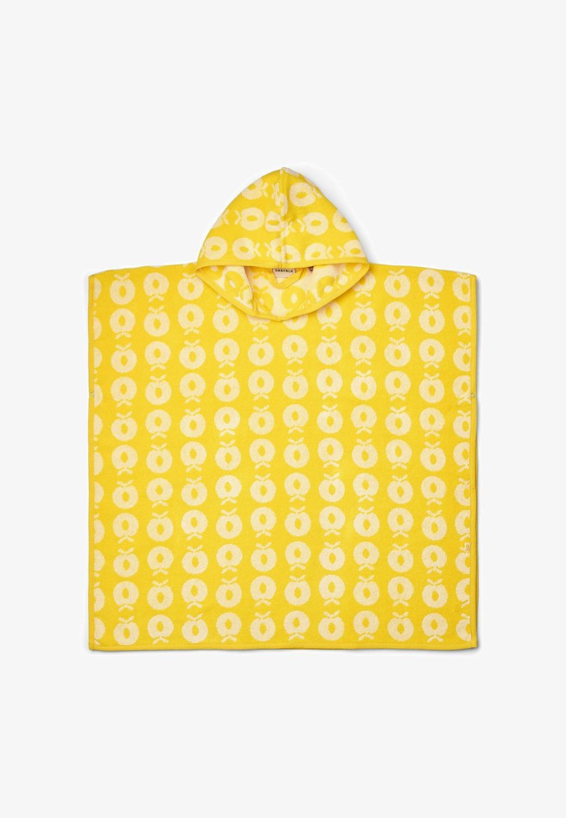 Dzeltenais kapucis dvielis pončo ar baltām ābolu izdrukām, kas vienmērīgi izvietotas pa audumu, ir izstrādāts vieglai nēsāšanai un žāvēšanai.