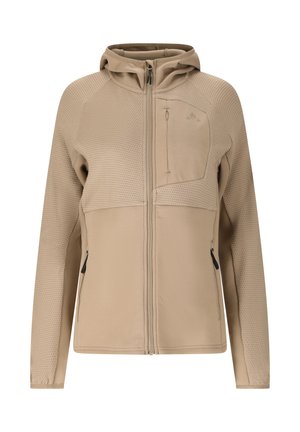 Beige hættejakke med fuld lynlås, teksturerede øvre ærmer og bryst, to lynlåslommer foran og en lynlåslomme på venstre bryst.