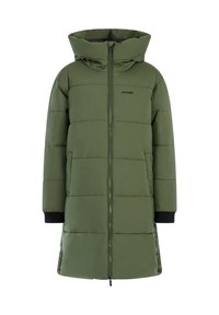 Groene pufferjas met een hoge kraag, volledige voorkant met rits en zijzakken. Beschikt over zwarte manchetten en een gestikt paneelontwerp.