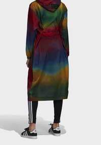 Barevná, kapucí opatřená pláštěnka s gradientním designem v červených, zelených a modrých odstínech. Lehké, dlouhé rukávy, stažený pas a délka pod kolena.