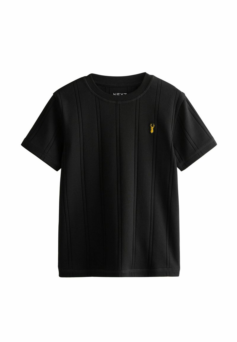 Sort kortærmet t-shirt med lodret ribbet tekstur og et lille gult hummer-logo på brystet. Rund halsudskæring, afslappet pasform.