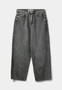 Temno sivi široki traper hlače iz denima. Značilnosti vključujejo visok pas, pet žepov in subtilne sprednje prepletenke. Šivani robovi in oznaka logotipa.