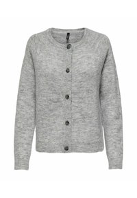 Grå stickad cardigan med rund halsringning, sex mörka knappar och ribbade ärmslut. Mjuk struktur med en något lös passform och enhetlig färg.