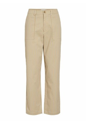 Pantalon droit à rayures verticales beiges et blanches avec poches plaquées à l'avant, passants de ceinture, fermeture par bouton et fermeture éclair.